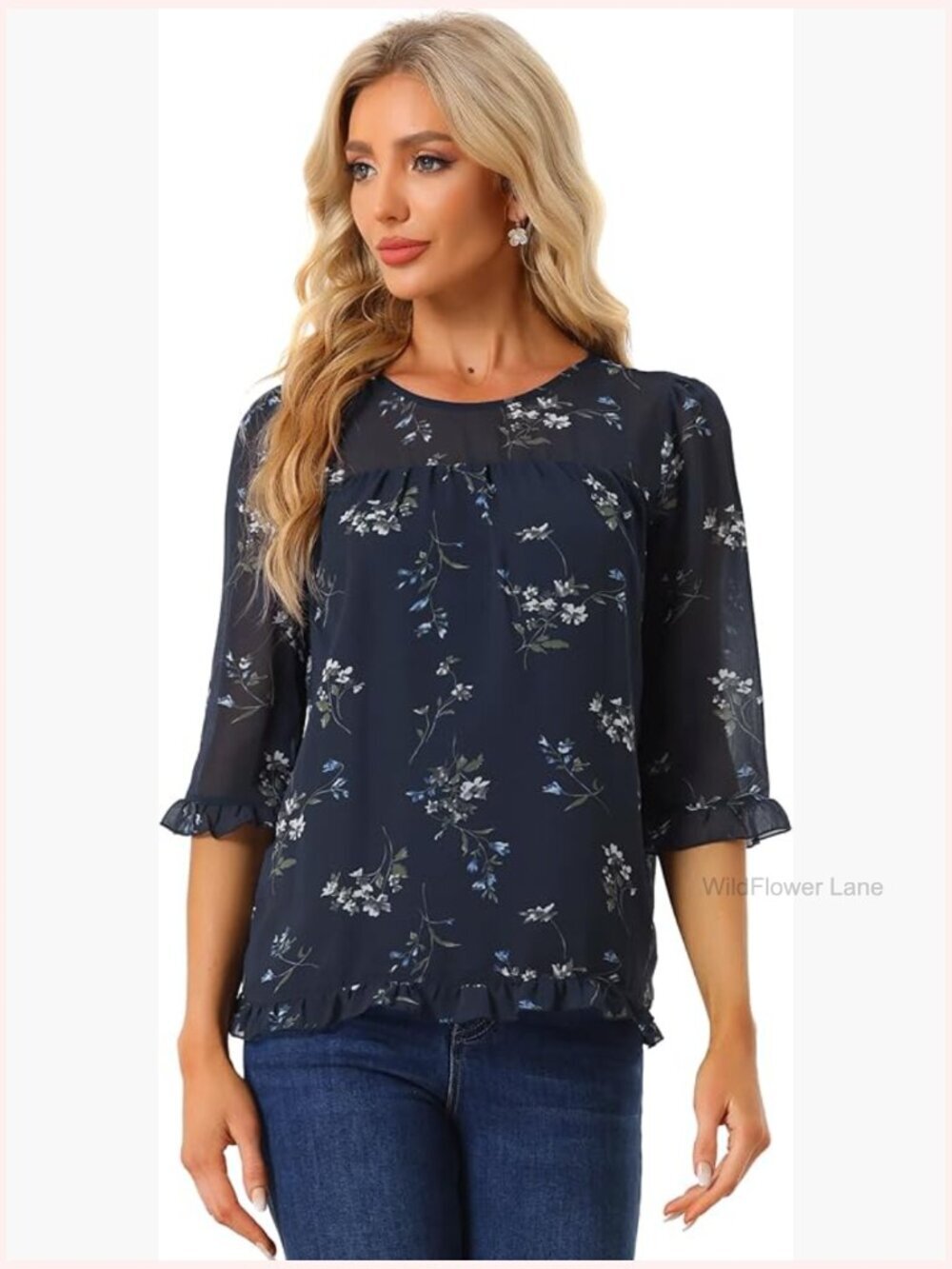 Chiffon Blouse with 3/4 Ruffle Sleeves Floral Print Loose Fit Tops